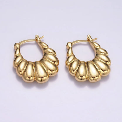 16K Gold Filled U-Shaped Puffed Croissant French Lock Latch Hoop Earrings | AE603