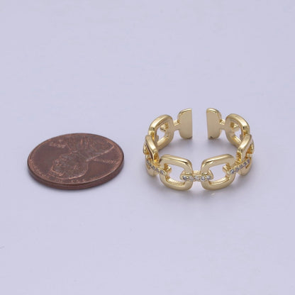 OS 24K Gold Filled Cable Paperclip Chain Link Ring, Dainty Micro Pave Cubic Zirconia CZ Ring S-347