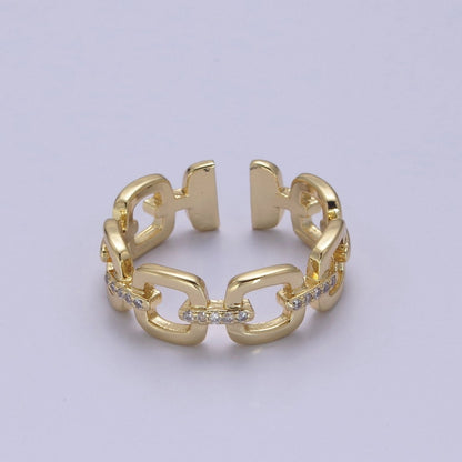 OS 24K Gold Filled Cable Paperclip Chain Link Ring, Dainty Micro Pave Cubic Zirconia CZ Ring S-347