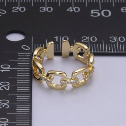 OS 24K Gold Filled Cable Paperclip Chain Link Ring, Dainty Micro Pave Cubic Zirconia CZ Ring S-347
