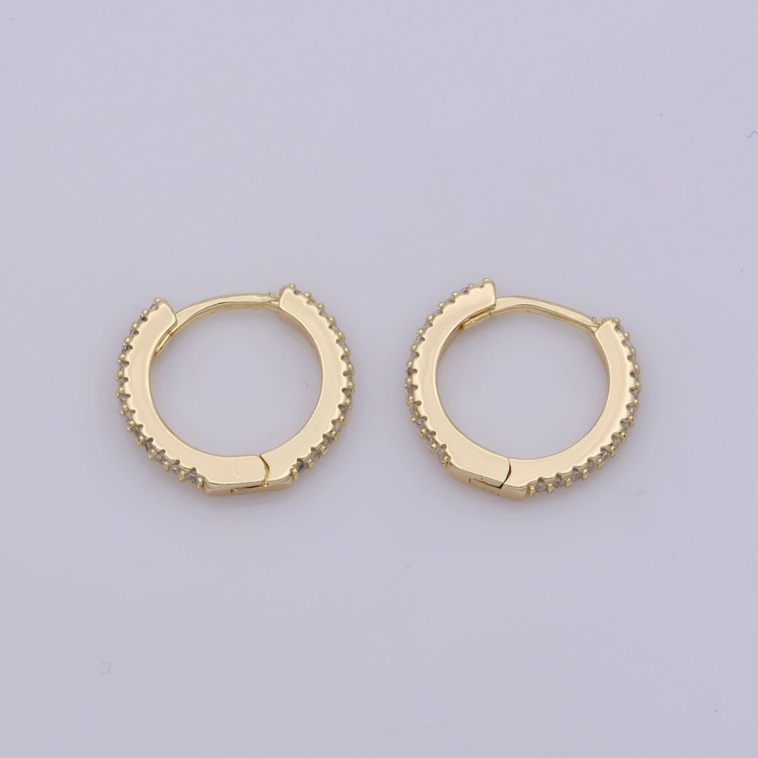 24K Gold Filled Huggie Hoop Earrings, Crystal Cubic Zirconia CZ Encrusted on 14.8X13.3mm Hoops, Minimalist Modern 15mm Huggie Hoops | AE-804