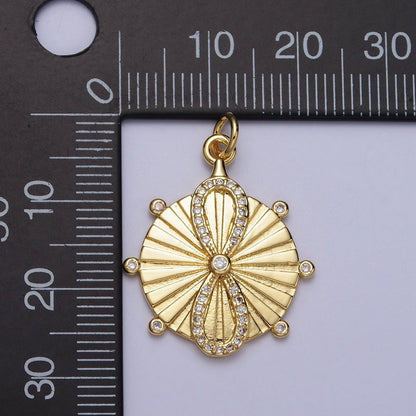 24K Gold Filled Micro Paved CZ Infinite Sunburst Round Medallion Charm | E444