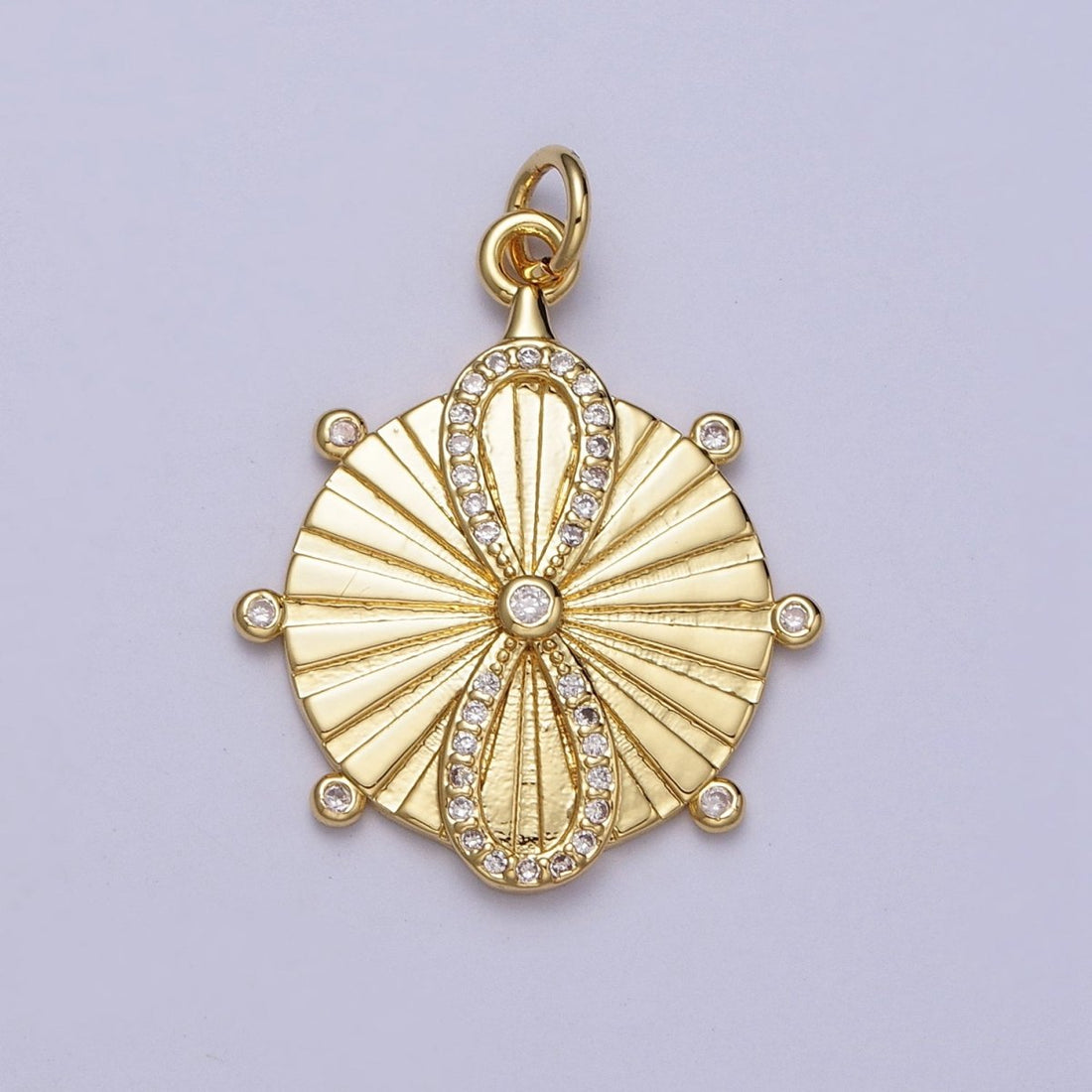 24K Gold Filled Micro Paved CZ Infinite Sunburst Round Medallion Charm | E444
