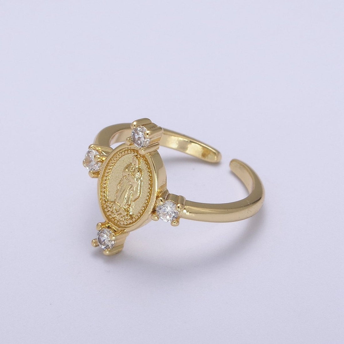 24K Gold Filled Oval Lady Guadalupe Ring, Crystal Zirconia CZ Adjustable Stacking Ring, Gift For Her | U-469