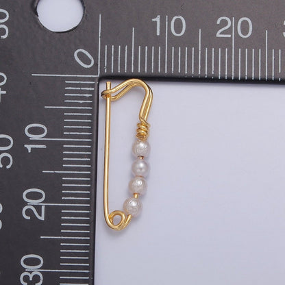 24K Gold Filled Over Brass Safety Pin Pendant with 4 Pearls 23x8mm L-746