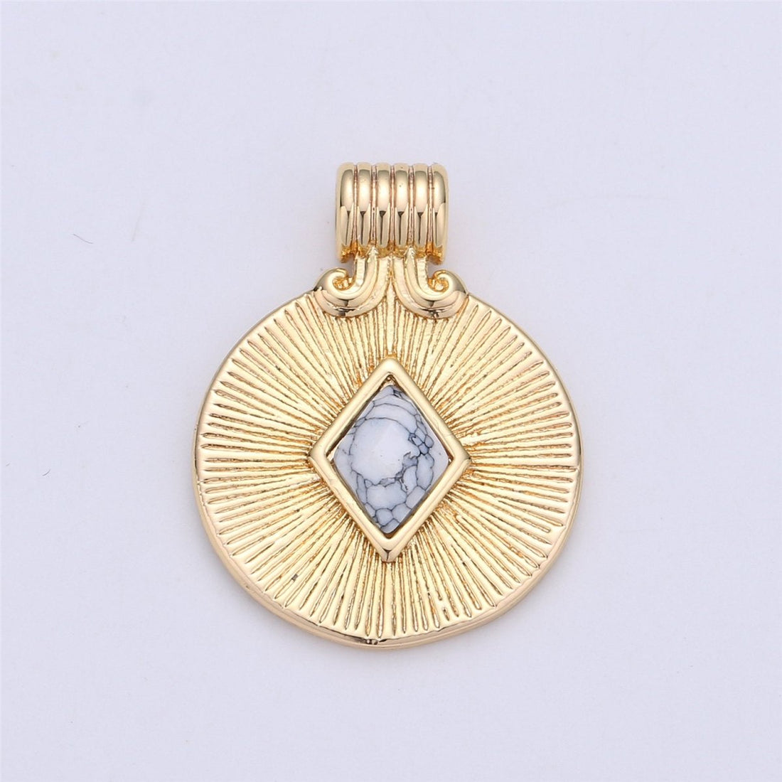 Dainty Medallion Pendant - 18K Gold Filled Rhombus Howlite Turquoise Stone Round Disc Charm Necklace Pendant C-742