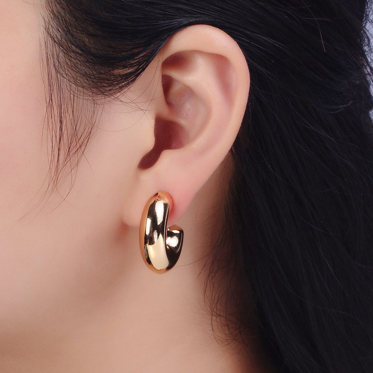 Gold Filled Edged Wide Chubby Geometric C-Shaped Hoop Earrings in Gold &amp; Silver | AB342 AB343