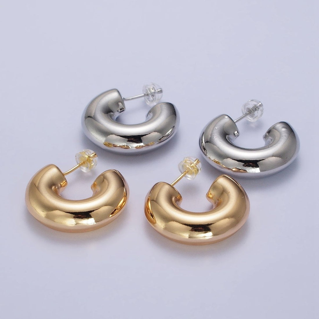 Gold Filled Edged Wide Chubby Geometric C-Shaped Hoop Earrings in Gold &amp; Silver | AB342 AB343