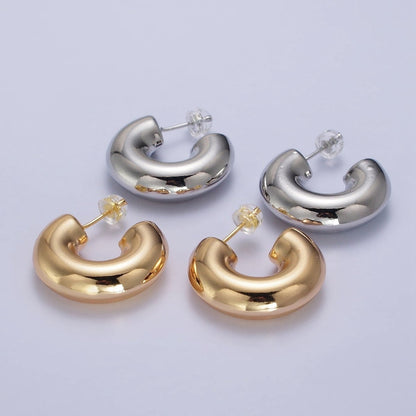 Gold Filled Edged Wide Chubby Geometric C-Shaped Hoop Earrings in Gold &amp; Silver | AB342 AB343