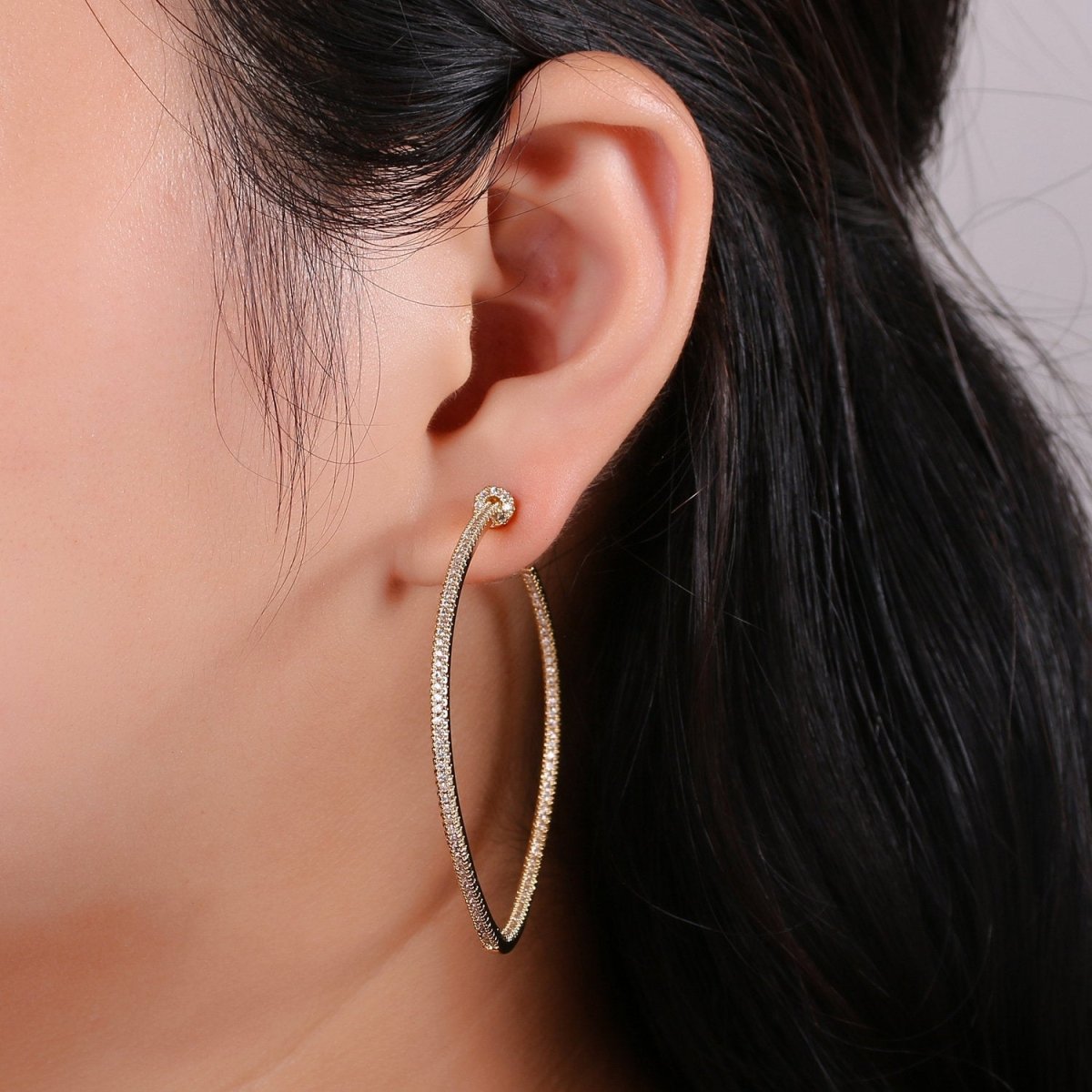 OS Gold Filled Minimalist Front-Facing Micro Paved CZ 55mm Hoop Earrings in Gold &amp; Silver Q-116