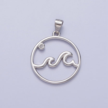 OS Sterling Silver Ocean Wave Charm with Micro Pave Water Beach Pendant SL-402