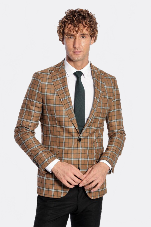 Checked Brown Men Blazer - Wessi