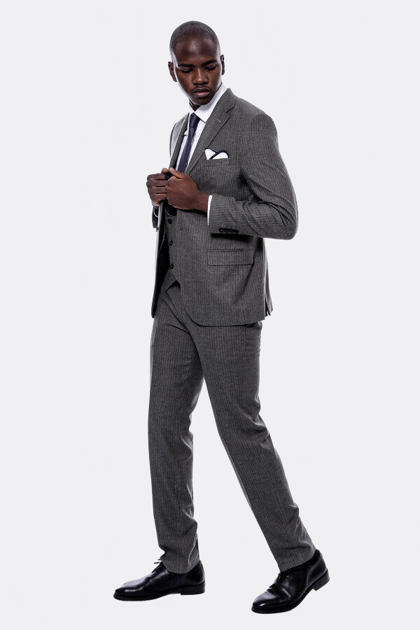 Striped Dark Beige Double Breasted Suit - Wessi