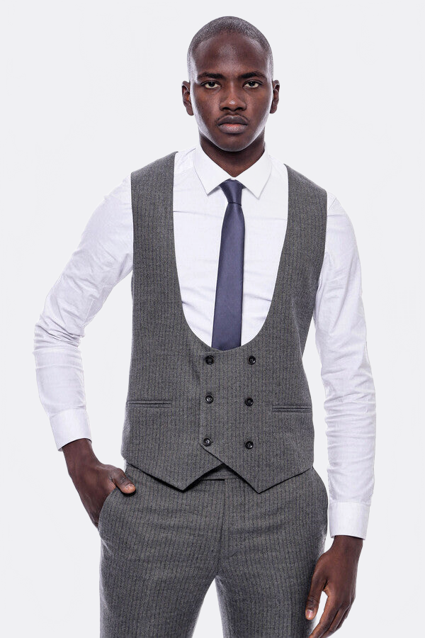 Striped Dark Beige Double Breasted Suit - Wessi