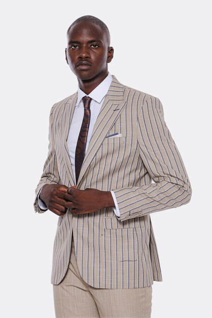 Striped Blazer Plain Pants Beige Men Suit - Wessi