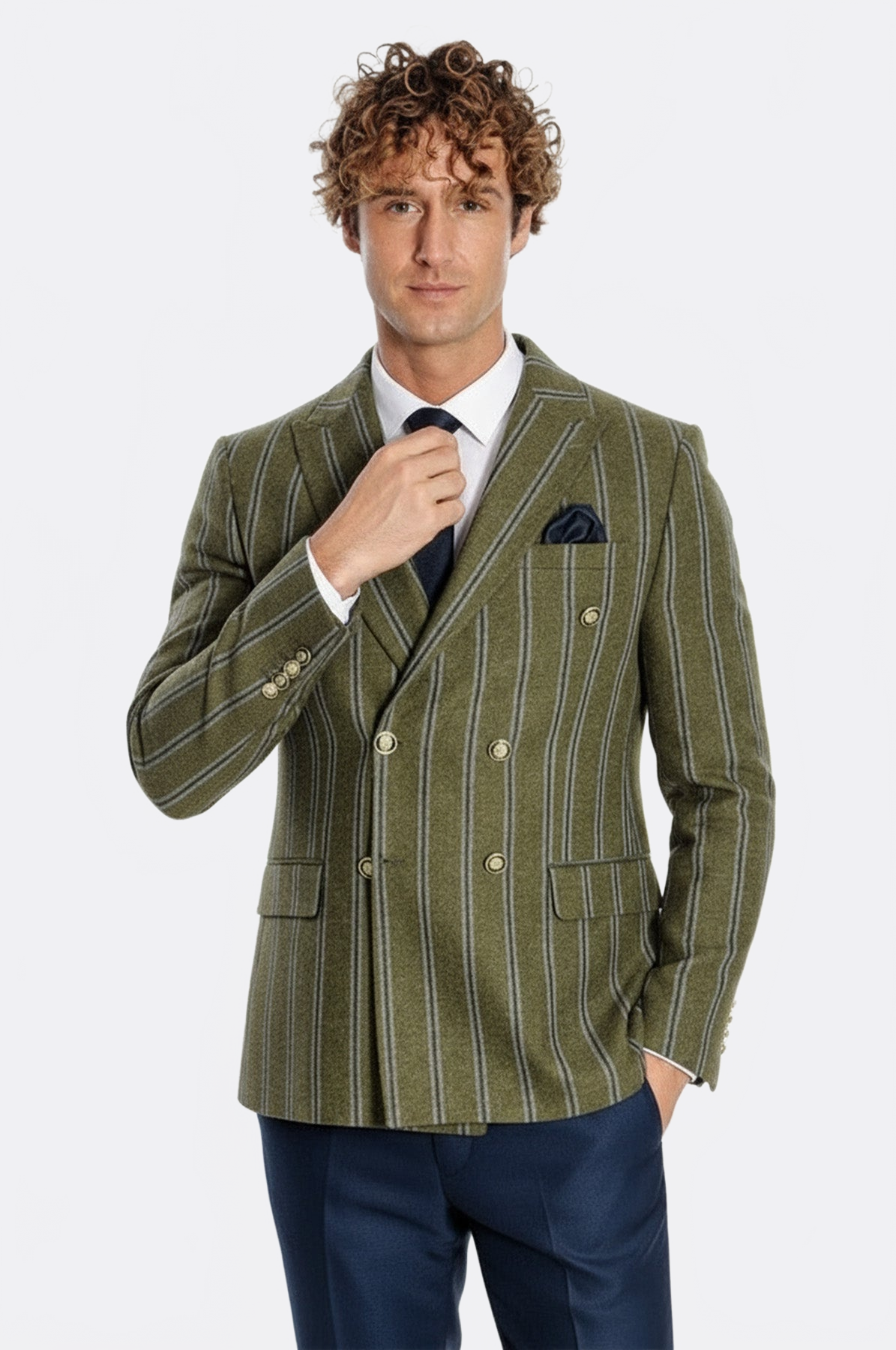 Wide Lapel Striped Double Breasted Green Men Blazer - Wessi