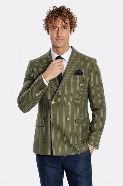 Wide Lapel Striped Double Breasted Green Men Blazer - Wessi