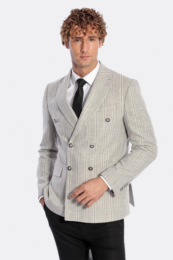 Wide Lapel Striped Double Breasted Grey Men Blazer - Wessi