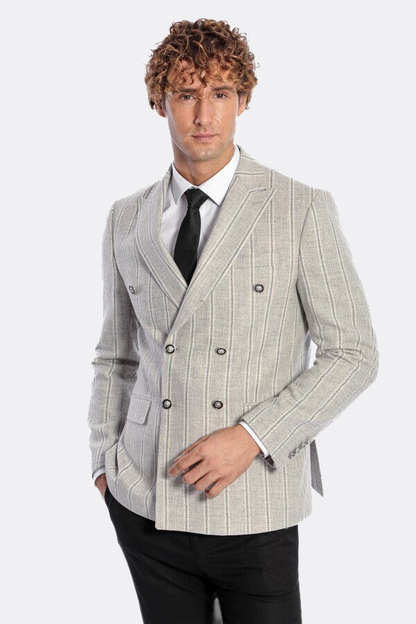 Wide Lapel Striped Double Breasted Grey Men Blazer - Wessi