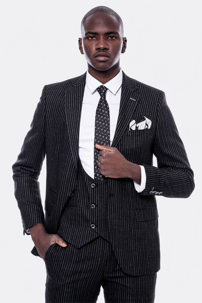Striped Black Double Breasted Suit - Wessi