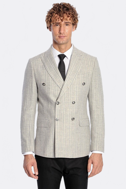 Wide Lapel Striped Double Breasted Grey Men Blazer - Wessi