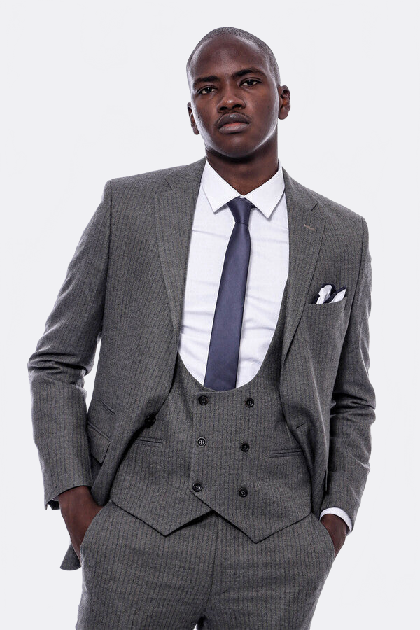 Striped Dark Beige Double Breasted Suit - Wessi