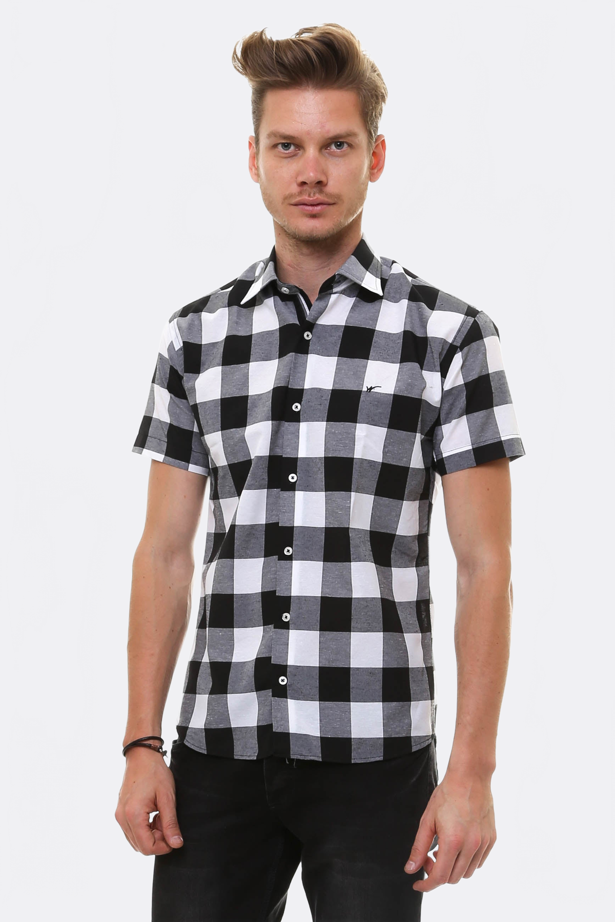 Checked Short Sleeve White-Black Men Shirt - Wessi