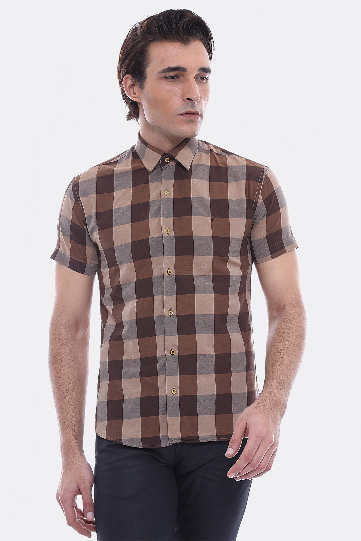 Checked Short Sleeve Brown Men Shirt - Wessi
