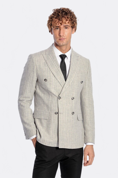 Wide Lapel Striped Double Breasted Grey Men Blazer - Wessi