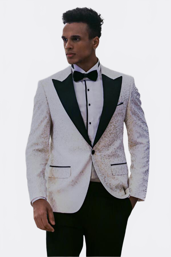 Feather Patterned Slim Fit White Men Tuxedo Blazer - Wessi