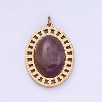Oval Purple Amethyst Gold Stainless Steel Charm Medallion Pendant | P1405