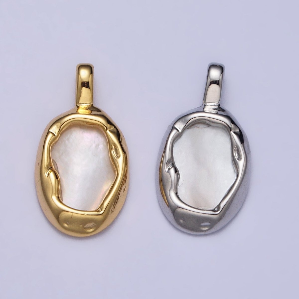 Oval Shell Pearl Hammered Framed Pendant in Gold &amp; Silver | AA093 AA094