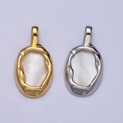 Oval Shell Pearl Hammered Framed Pendant in Gold &amp; Silver | AA093 AA094