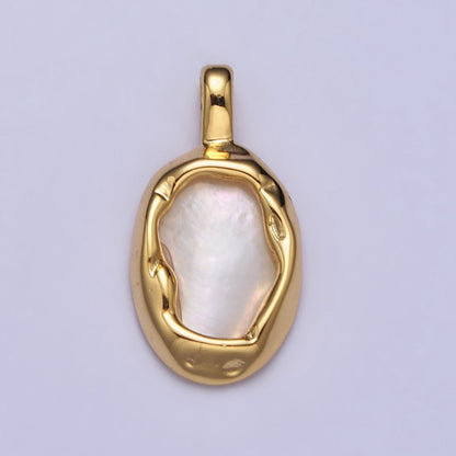 Oval Shell Pearl Hammered Framed Pendant in Gold &amp; Silver | AA093 AA094