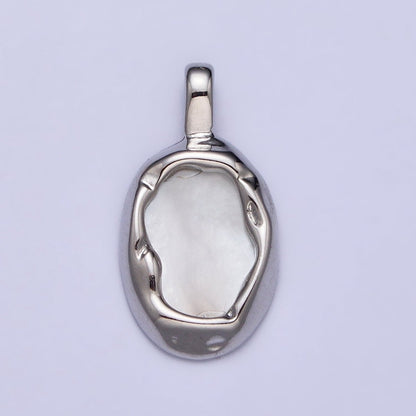 Oval Shell Pearl Hammered Framed Pendant in Gold &amp; Silver | AA093 AA094