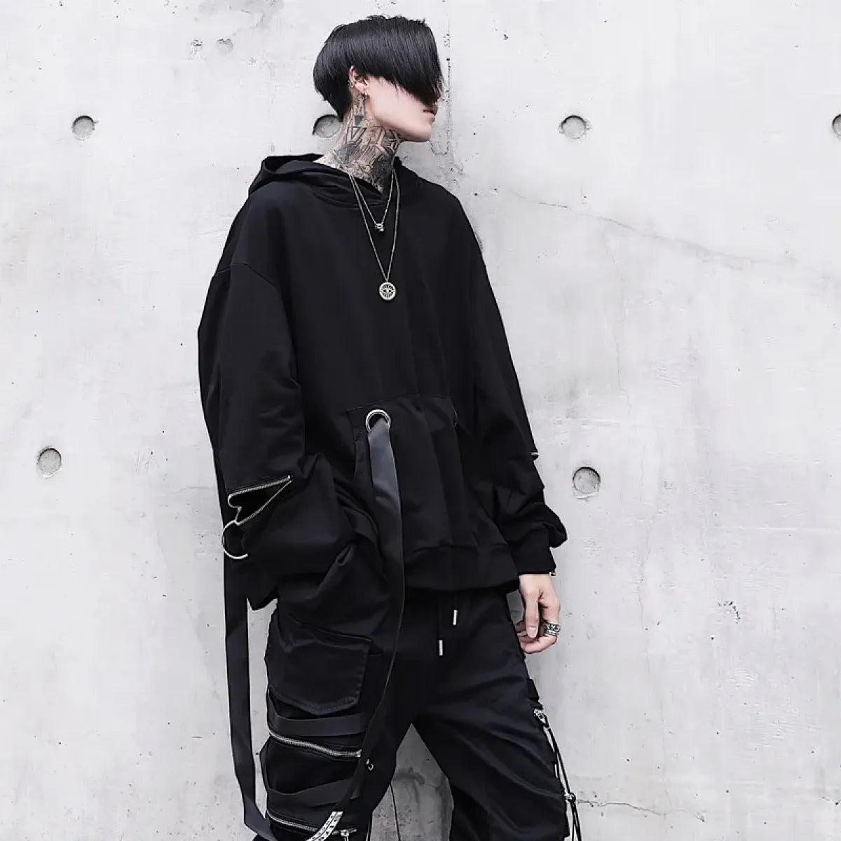 Oversized Ribbon Techwear Black Hoodie