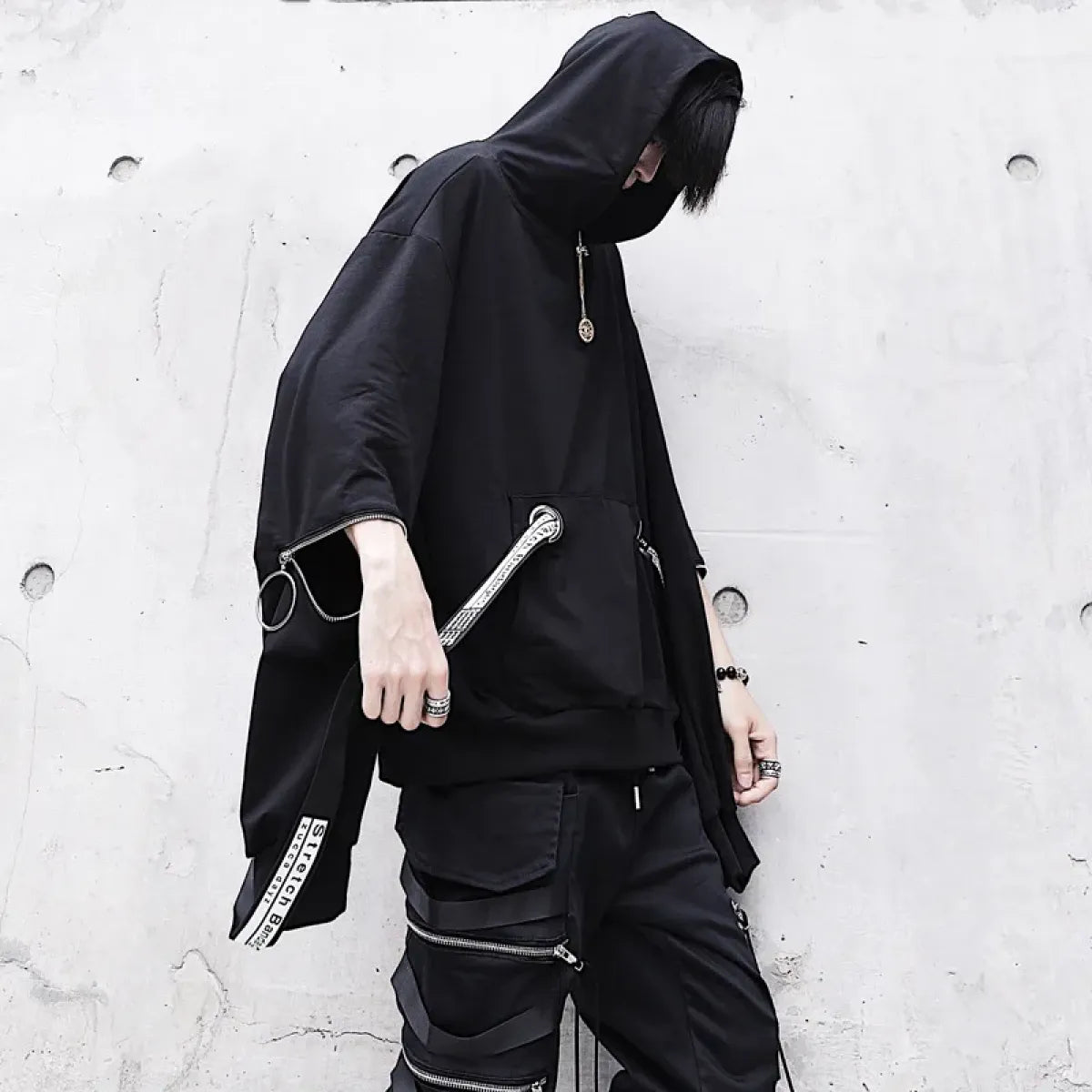 Oversized Ribbon Techwear Black Hoodie