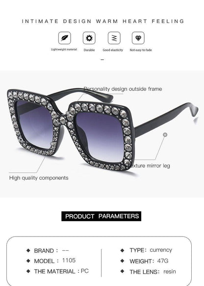Oversized Sunglasses Square Diamond Sunglasses Women Retro Sunglasses Luxury &amp; Diamond Square Shape Sunglasses For Women Branded Attractive Any Size Crystal Sun Glasses For Ladies Gradient Classic Mirror &amp; Decent Shades