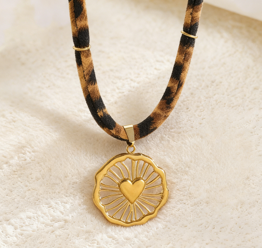 Leopard Print Ribbon Necklace with Sun &amp; Gecko Charms