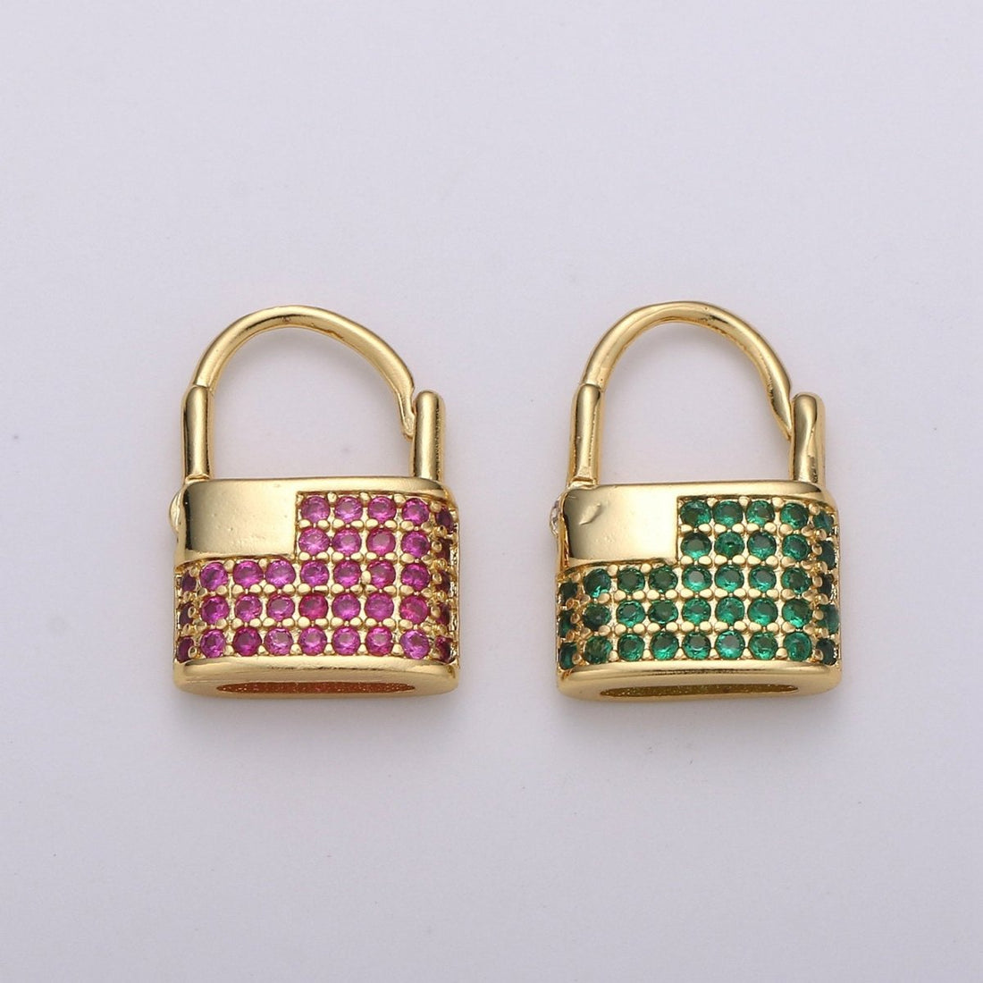 Padlock Earrings, Gold Lock Hoop Earring, Micro Pave Padlock Hoops, Gold Lock Earrings, Green Pink CZ Padlock Earring K-710 K-711
