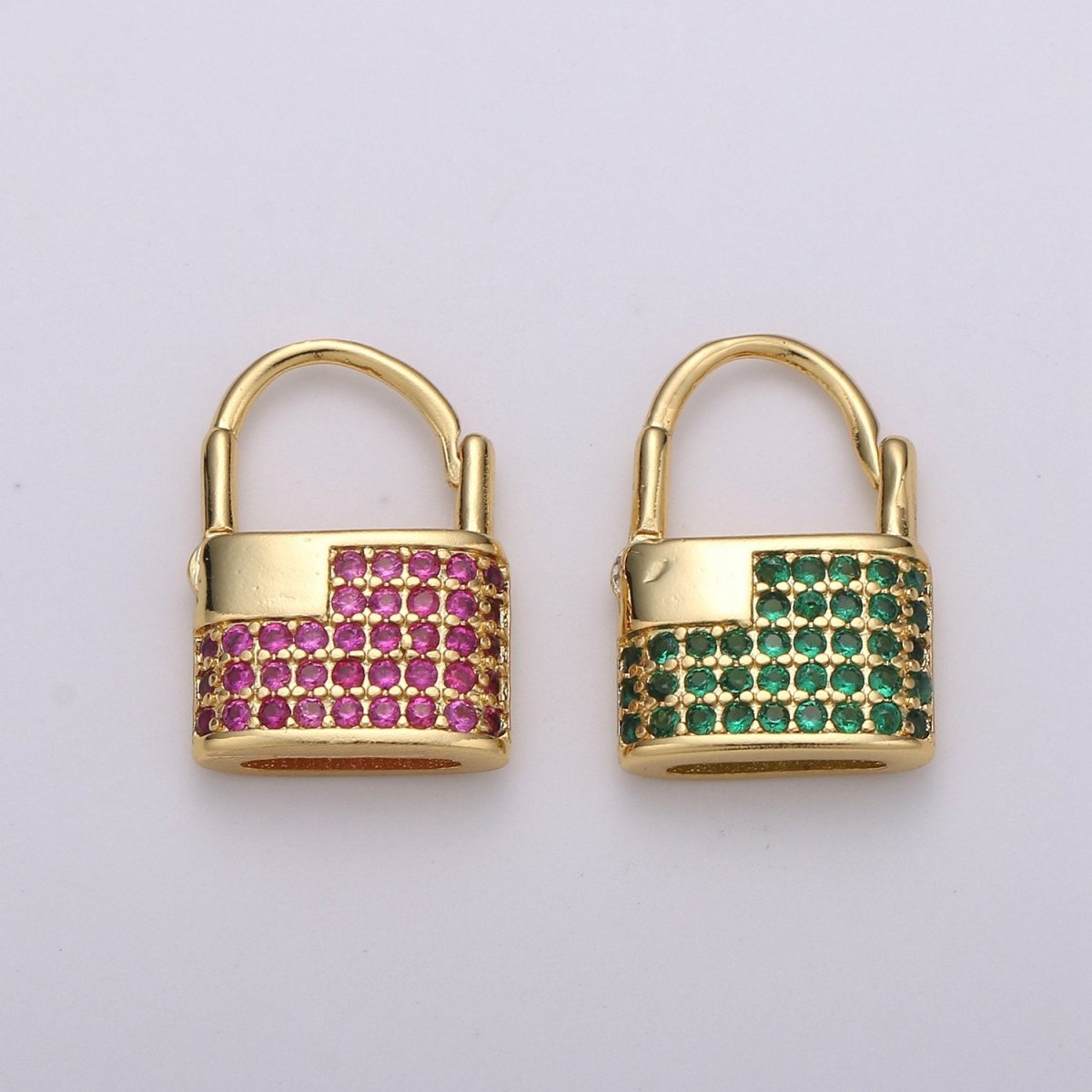 Padlock Earrings, Gold Lock Hoop Earring, Micro Pave Padlock Hoops, Gold Lock Earrings, Green Pink CZ Padlock Earring K-710 K-711