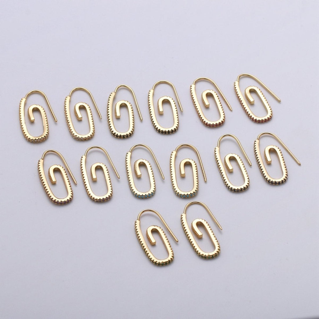 Paper Clip Earrings, Micro Pave Paper Clip Earrings, Trend Jewelry, Gold Hoop Earrings Clear, Green Black Blue Purple CZ Earring K-633 K-636 - K-638