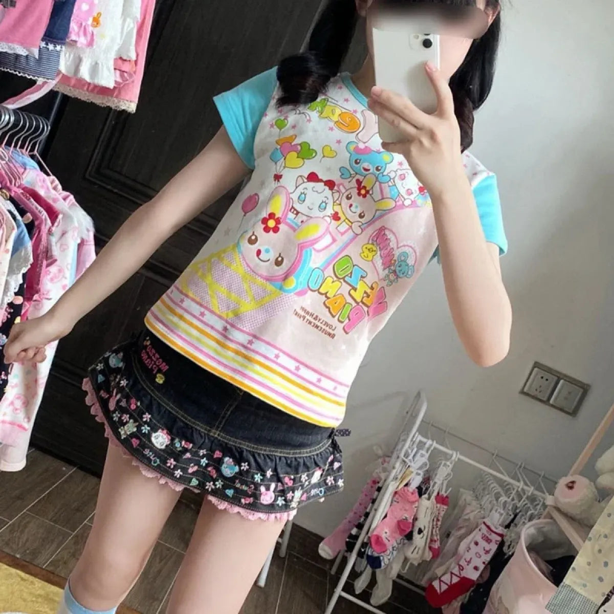 Pastel Kawaii Harajuku Crop Top – Cartoon Print Y2K Aesthetic Tee