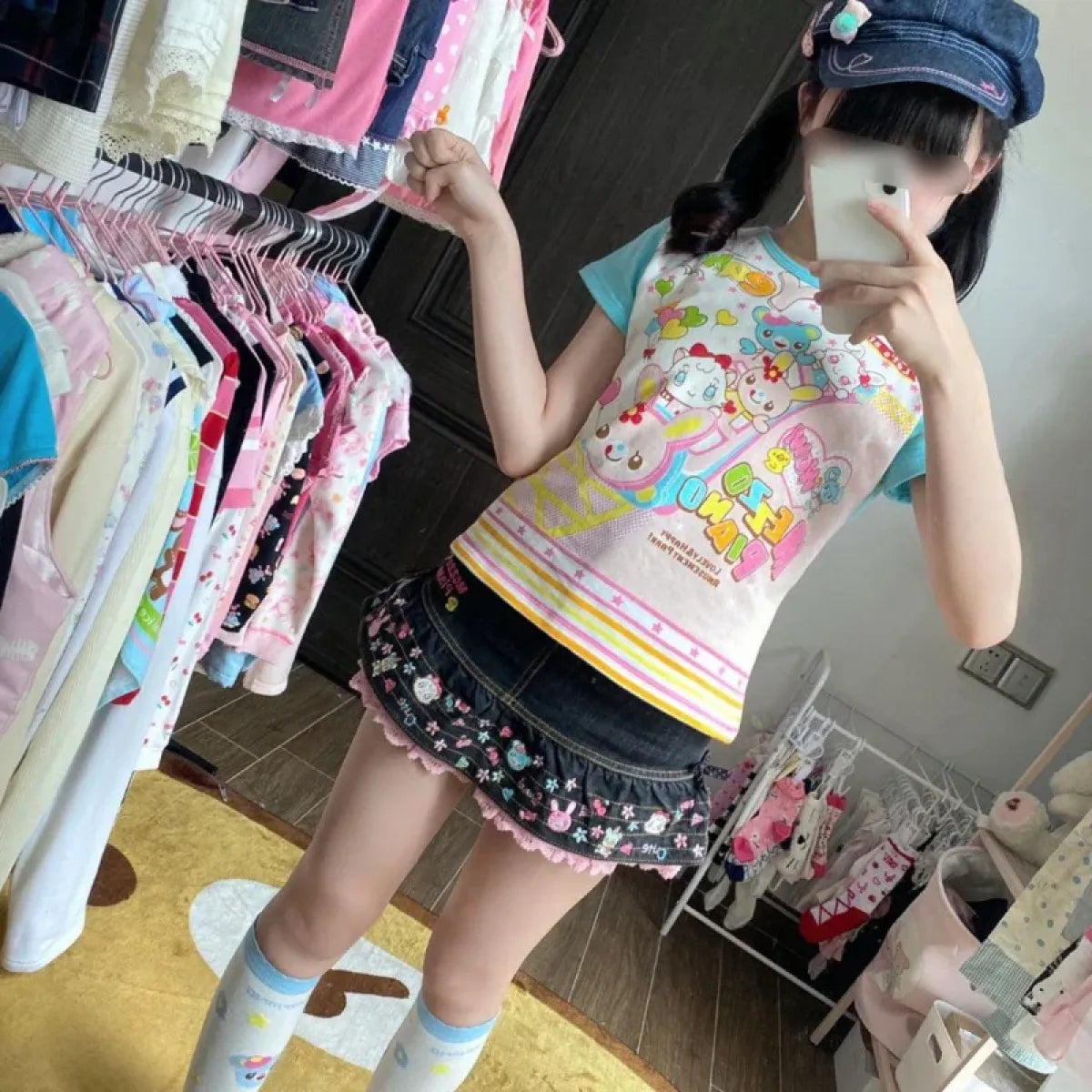 Pastel Kawaii Harajuku Crop Top – Cartoon Print Y2K Aesthetic Tee