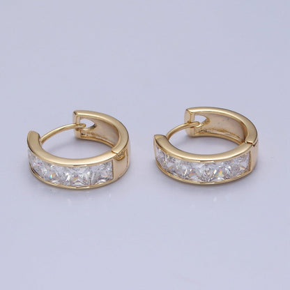 Pastel, Neon, Clear, Checkered Square CZ Lined Wide 16mm Gold Huggie Hoops Earrings | P-369~P-372