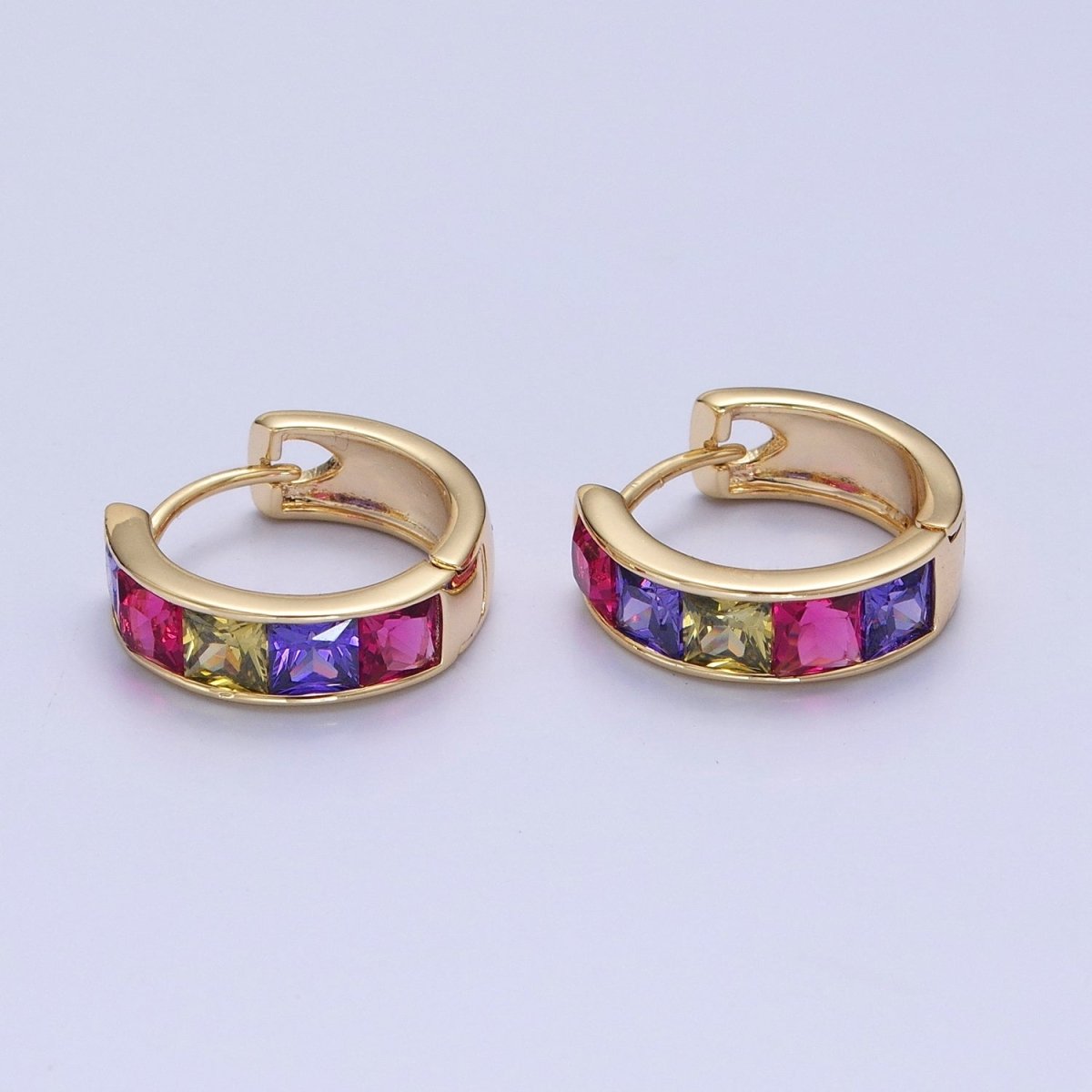 Pastel, Neon, Clear, Checkered Square CZ Lined Wide 16mm Gold Huggie Hoops Earrings | P-369~P-372
