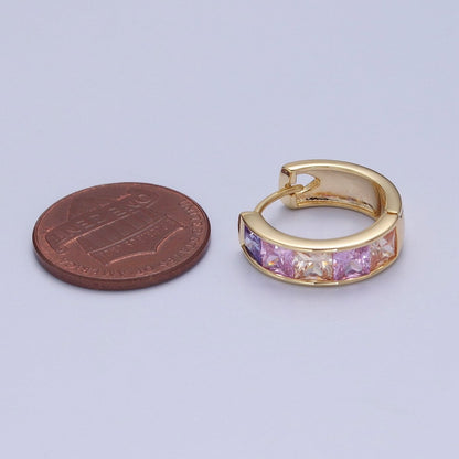 Pastel, Neon, Clear, Checkered Square CZ Lined Wide 16mm Gold Huggie Hoops Earrings | P-369~P-372