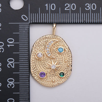 Pearl and Multi color CZ Planet in the Ovum Universe Pendant 14K gold Filled Charm, Star, Crescent Moon, Galaxy, DIY Jewelry Necklace making, D-739