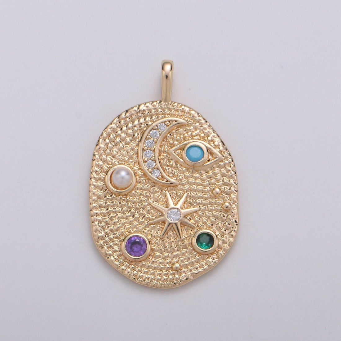 Pearl and Multi color CZ Planet in the Ovum Universe Pendant 14K gold Filled Charm, Star, Crescent Moon, Galaxy, DIY Jewelry Necklace making, D-739