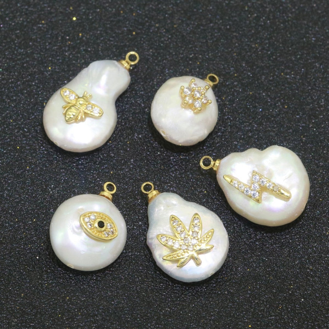 Pearl Gold Evil Eye Charm, Bee, Thunder, Weed, Star Charm Dainty Pear Freeform Pearl Jewelry for Amulet Pendant Jewelry Supply P-1826 P-1827